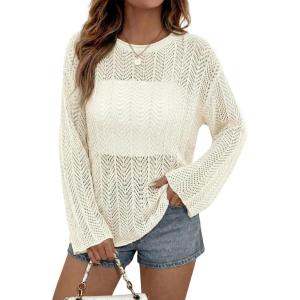 image:imageDokotoo Womens Summer Crochet Hollow Out Sweater Bell Sleeve Beach Coverup Casual Pullover Shirt Tops Vacation OutfitsWhite