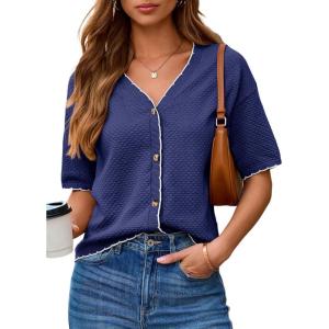 image:imageDokotoo Womens Summer Knit Tops 2026 Textured Button Down Shirts Casual V Neck Short Sleeve Cotton BlousesBlue