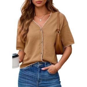 image:imageDokotoo Womens Summer Knit Tops 2026 Textured Button Down Shirts Casual V Neck Short Sleeve Cotton BlousesBrown