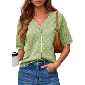 image:imageDokotoo Womens Summer Knit Tops 2026 Textured Button Down Shirts Casual V Neck Short Sleeve Cotton BlousesGreen