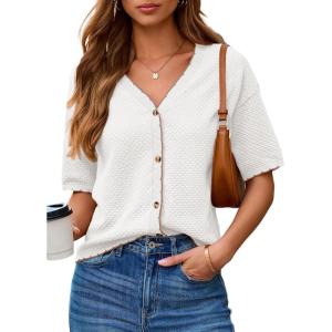 image:imageDokotoo Womens Summer Knit Tops 2026 Textured Button Down Shirts Casual V Neck Short Sleeve Cotton BlousesWhite