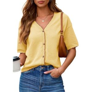 image:imageDokotoo Womens Summer Knit Tops 2026 Textured Button Down Shirts Casual V Neck Short Sleeve Cotton BlousesYellow