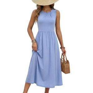 image:imageDokotoo Womens Summer Sleeveless Maxi Dress 2026 Casual Crewneck Twist Knot Stretch a Line Dress with PocketMyosotis
