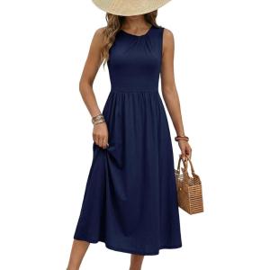 image:imageDokotoo Womens Summer Sleeveless Maxi Dress 2026 Casual Crewneck Twist Knot Stretch a Line Dress with PocketNavy Blue