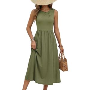 image:imageDokotoo Womens Summer Sleeveless Maxi Dress 2026 Casual Crewneck Twist Knot Stretch a Line Dress with PocketVineyard Green