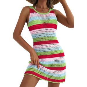 image:imageDokotoo Womens Summer Swimsuit 2026 Cover up Crochet Beach Floral Hollow Out Slit Bikini Sleeveless Cover up DressesGreen Stripe