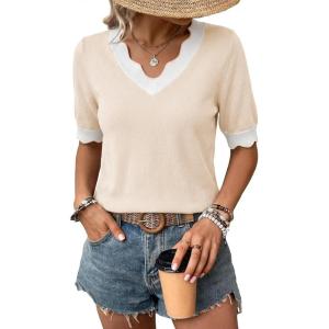 image:imageDokotoo Womens Summer Tops Scalloped V Neck Short Sleeve Sweater Lightweight Color Blocked Knit Business Casual TopApricot