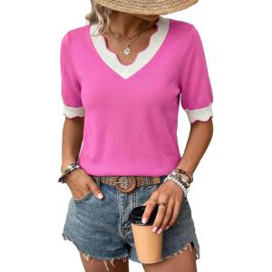 image:imageDokotoo Womens Summer Tops Scalloped V Neck Short Sleeve Sweater Lightweight Color Blocked Knit Business Casual TopBright Pink