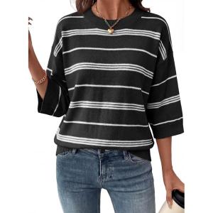 image:imageDokotoo Womens Sweaters Spring Summer Oversized 34 Sleeve Striped Crewneck Casual Lightweight Knit Pullover Sweater TopsBlack White