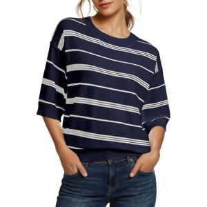 image:imageDokotoo Womens Sweaters Spring Summer Oversized 34 Sleeve Striped Crewneck Casual Lightweight Knit Pullover Sweater TopsNavy