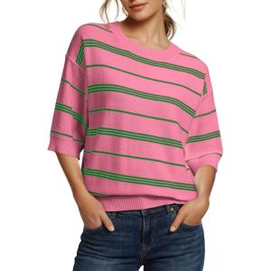 image:imageDokotoo Womens Sweaters Spring Summer Oversized 34 Sleeve Striped Crewneck Casual Lightweight Knit Pullover Sweater TopsPink White