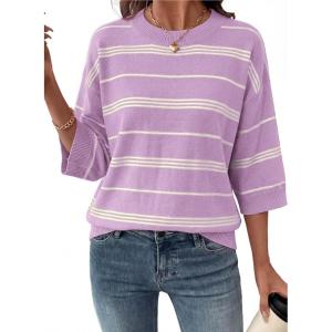image:imageDokotoo Womens Sweaters Spring Summer Oversized 34 Sleeve Striped Crewneck Casual Lightweight Knit Pullover Sweater TopsPurple