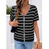 image:imageDokotoo Cardigan Sweaters for Women Spring Summer Short Sleeve Crochet Striped V Neck Button Casual Lightweight Knit TopsBlack