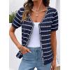 image:imageDokotoo Cardigan Sweaters for Women Spring Summer Short Sleeve Crochet Striped V Neck Button Casual Lightweight Knit TopsBlue