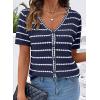 image:imageDokotoo Cardigan Sweaters for Women Spring Summer Short Sleeve Crochet Striped V Neck Button Casual Lightweight Knit TopsBlue