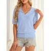 image:imageDokotoo Women Short Sleeve Polo Sweater V Neck Knitted Tops Casual Ribbed Shirt Loose Pullover SweaterBeau Blue
