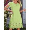 image:imageDokotoo Womens Summer Dresses 2026 Short Sleeve Hollow Out Crewneck Pleated Front Casual Elegant Mini DressLight Green