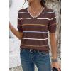 image:imageDokotoo Womens Summer Short Sleeve Knit Tops 2026 Spring Trendy Casual V Neck Striped Sweater BlousesDark Brown