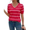 image:imageDokotoo Womens Summer Short Sleeve Knit Tops 2026 Spring Trendy Casual V Neck Striped Sweater BlousesFiery Red