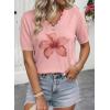 image:imageDokotoo Womens Summer Short Sleeve Knit Tops 2026 Spring Trendy Casual V Neck Striped Sweater BlousesPink