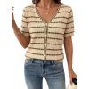 image:imageDokotoo Cardigan Sweaters for Women Spring Summer Short Sleeve Crochet Striped V Neck Button Casual Lightweight Knit TopsApricot