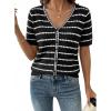 image:imageDokotoo Cardigan Sweaters for Women Spring Summer Short Sleeve Crochet Striped V Neck Button Casual Lightweight Knit TopsBlack
