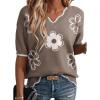 image:imageDokotoo Womens Casual V Neck Short Sleeve Sweater Ribbed Knit Lightweight Sweaters Tops Fashion Clothing OutfitsDark Khaki