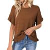 image:imageDokotoo Womens Short Sleeve Sweaters Oversized Summer Casual Ruffled Hem Knit Pullover Tops Cute Solid Color Crochet BlousesBrown