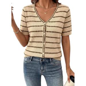 image:imageDokotoo Cardigan Sweaters for Women Spring Summer Short Sleeve Crochet Striped V Neck Button Casual Lightweight Knit TopsApricot