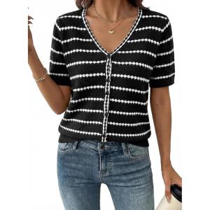 image:imageDokotoo Cardigan Sweaters for Women Spring Summer Short Sleeve Crochet Striped V Neck Button Casual Lightweight Knit TopsBlack