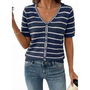 image:imageDokotoo Cardigan Sweaters for Women Spring Summer Short Sleeve Crochet Striped V Neck Button Casual Lightweight Knit TopsBlue