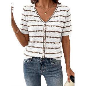 image:imageDokotoo Cardigan Sweaters for Women Spring Summer Short Sleeve Crochet Striped V Neck Button Casual Lightweight Knit TopsBrown