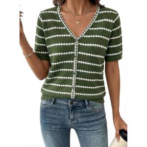 image:imageDokotoo Cardigan Sweaters for Women Spring Summer Short Sleeve Crochet Striped V Neck Button Casual Lightweight Knit TopsGreen
