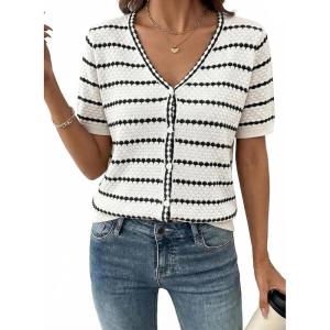 image:imageDokotoo Cardigan Sweaters for Women Spring Summer Short Sleeve Crochet Striped V Neck Button Casual Lightweight Knit TopsWhite