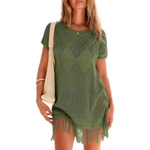 image:imageDokotoo Swimsuit Cover Up for Women 2026 Crochet Bathing Suit Coverups Hollow Out Knit Tassel Beach Dress for VacationFour Leaf Clover