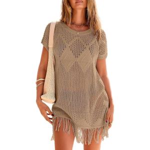 image:imageDokotoo Swimsuit Cover Up for Women 2026 Crochet Bathing Suit Coverups Hollow Out Knit Tassel Beach Dress for VacationLight French Beige