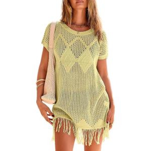 image:imageDokotoo Swimsuit Cover Up for Women 2026 Crochet Bathing Suit Coverups Hollow Out Knit Tassel Beach Dress for VacationYellow Cream