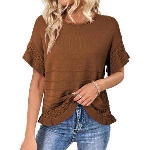 image:imageDokotoo Womens Short Sleeve Sweaters Oversized Summer Casual Ruffled Hem Knit Pullover Tops Cute Solid Color Crochet BlousesBrown
