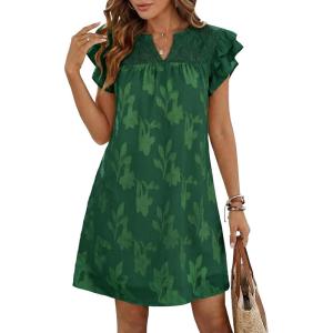 image:imageDokotoo Womens Summer Dresses 2026 Ruffle Short Sleeve Casual V Neck Smocked Floral Burnout Mini Dress SundressBlackish Green
