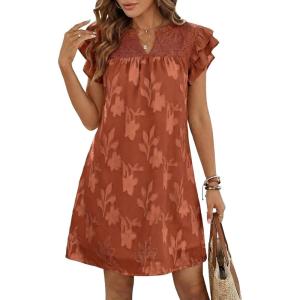 image:imageDokotoo Womens Summer Dresses 2026 Ruffle Short Sleeve Casual V Neck Smocked Floral Burnout Mini Dress SundressBrown
