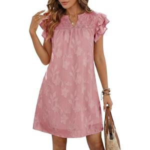 image:imageDokotoo Womens Summer Dresses 2026 Ruffle Short Sleeve Casual V Neck Smocked Floral Burnout Mini Dress SundressPink