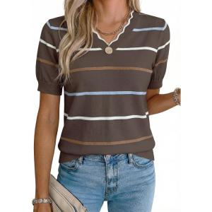 image:imageDokotoo Womens Summer Short Sleeve Knit Tops 2026 Spring Trendy Casual V Neck Striped Sweater BlousesDark Brown