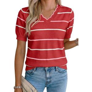 image:imageDokotoo Womens Summer Short Sleeve Knit Tops 2026 Spring Trendy Casual V Neck Striped Sweater BlousesFiery Red