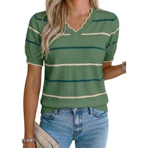 image:imageDokotoo Womens Summer Short Sleeve Knit Tops 2026 Spring Trendy Casual V Neck Striped Sweater BlousesMist Green