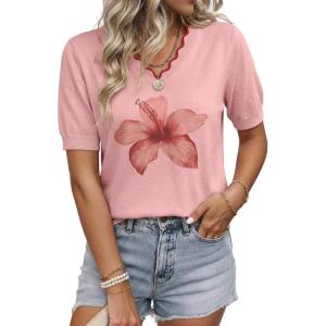 image:imageDokotoo Womens Summer Short Sleeve Knit Tops 2026 Spring Trendy Casual V Neck Striped Sweater BlousesPink