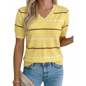 image:imageDokotoo Womens Summer Short Sleeve Knit Tops 2026 Spring Trendy Casual V Neck Striped Sweater BlousesYellow Cream