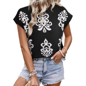 image:imageDokotoo Womens Sweater Vest Summer Casual Crewneck Knit Pullover Tops Lightweight Boho Printed Cap Sleeve SweatersBlack