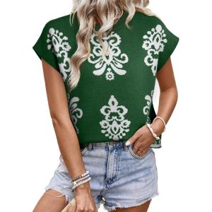 image:imageDokotoo Womens Sweater Vest Summer Casual Crewneck Knit Pullover Tops Lightweight Boho Printed Cap Sleeve SweatersGreen