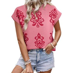 image:imageDokotoo Womens Sweater Vest Summer Casual Crewneck Knit Pullover Tops Lightweight Boho Printed Cap Sleeve SweatersHot Pink