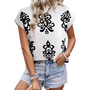 image:imageDokotoo Womens Sweater Vest Summer Casual Crewneck Knit Pullover Tops Lightweight Boho Printed Cap Sleeve SweatersWhite